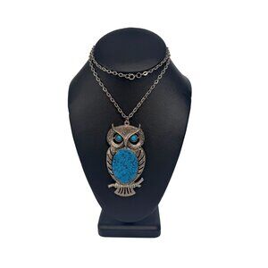 Vintage Statement Large Faux Turquoise Silver-Tone Owl Pendant Necklace MCM